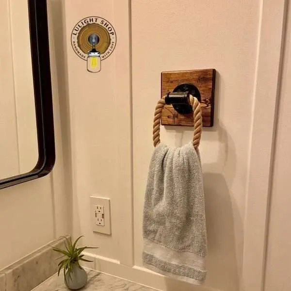 Alternative view of Rustic Rope Towel Ring On Wood | Farmhouse Wood Bathroom Decor | Rope Accessories