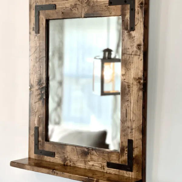 Solid pine wood frame mirror with provincial stain and storage shelf