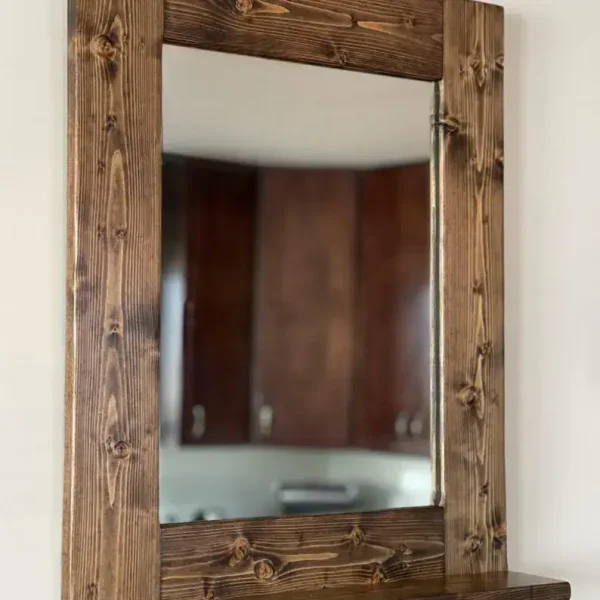 Handcrafted rustic mirror with shelf and pre-installed heavy duty hardware