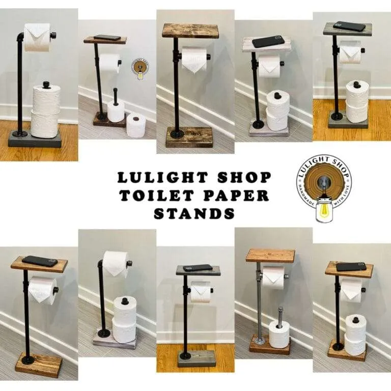 Rustic farmhouse toilet paper holder stand wood and pipe rustic bathroom organizer multiple styles finishes