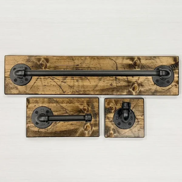Bathroom Set of 3 Items on Wood, Towel Bar, Toilet Paper Holder and Towel Hook, Rustic Decor