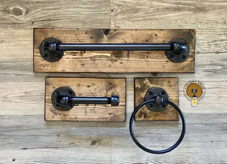 Rustic Wood Bathroom Set of 3 Items | Industrial Pipe Decor | Handmade Farmhouse Set - Image 14