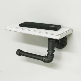 Alternative view of Whitewash Toilet Paper Holder with Wood Shelf & Pipe Arm