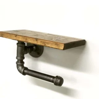 Alternative view of Rustic Toilet Paper Holder with Shelf – Open-Side Pipe Design