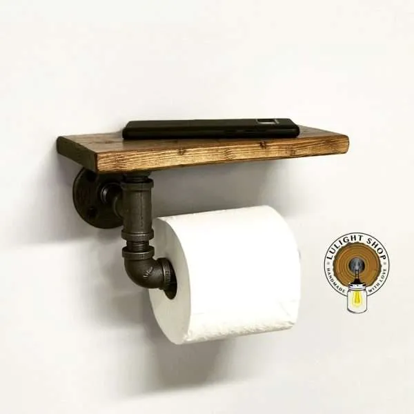 Rustic Industrial Pipe Toilet Paper Holder | Farmhouse Bathroom Wall Mount Organizer | Heavy Duty Iron Roll Holder