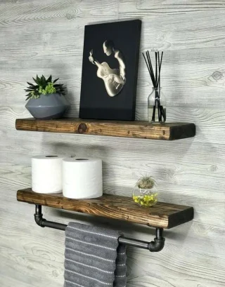 Alternative view of Rustic Floating Shelf Set with Towel Bar – Two Wood Shelves