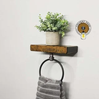 Rustic Towel Ring with Floating Shelf – Farmhouse Bathroom Storage
