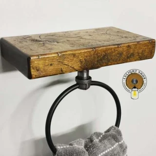 Alternative view of Rustic Towel Ring with Floating Shelf – Farmhouse Bathroom Storage
