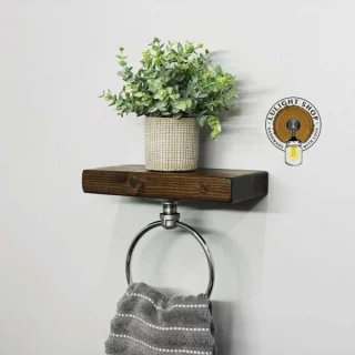 Espresso Wood Towel Ring with Shelf – Rustic Bathroom Wall Storage