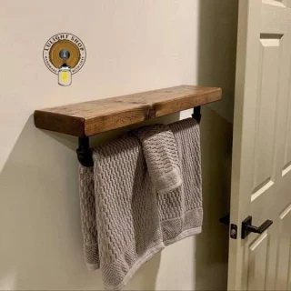 Alternative view of Rustic Floating Shelf with Towel Bar – 1.5″ Thick Solid Wood