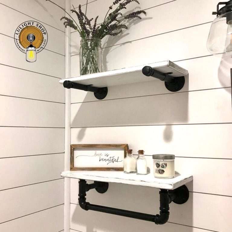 Alternative view of Towel Bar with Shelf and Extra Shelf, Industrial Modern Rustic Towel Holder, White Bathroom Shelving, Storage