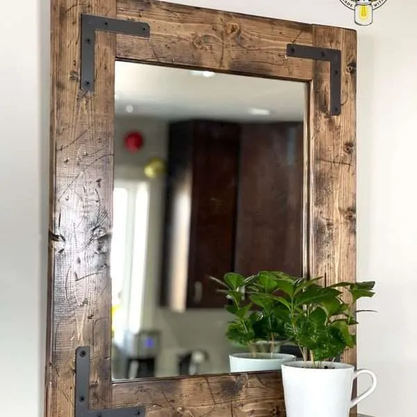 Solid wood bathroom mirror with shelf and rustic distressed finish handmade in USA