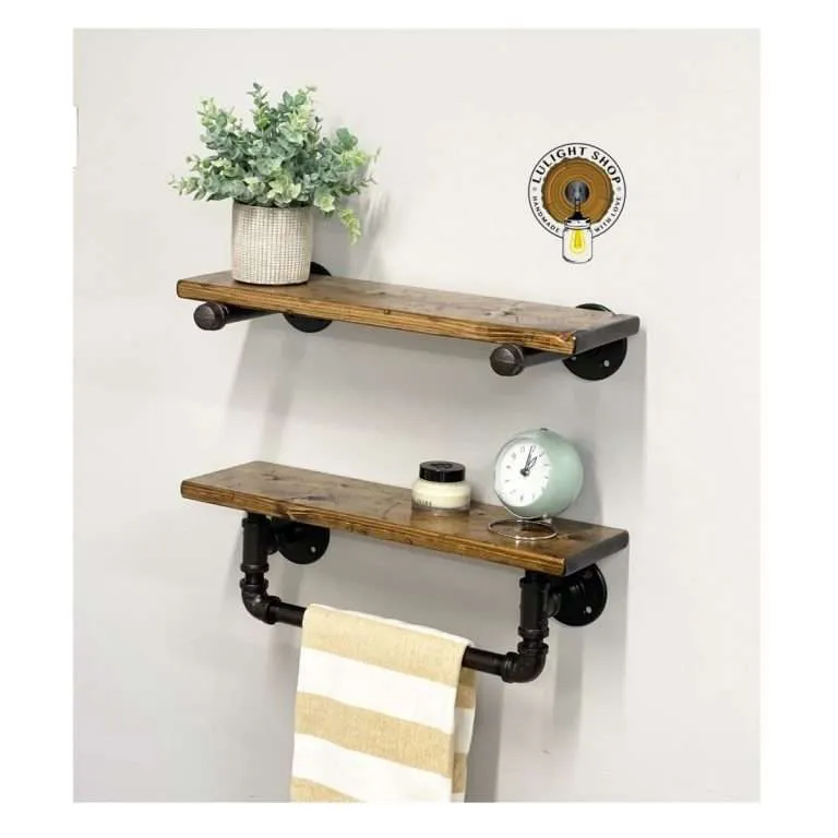 Alternative view of Set of Shelves, Bathroom Shelving, Shelf and Shelf with Towel Bar, Farmhouse Decor