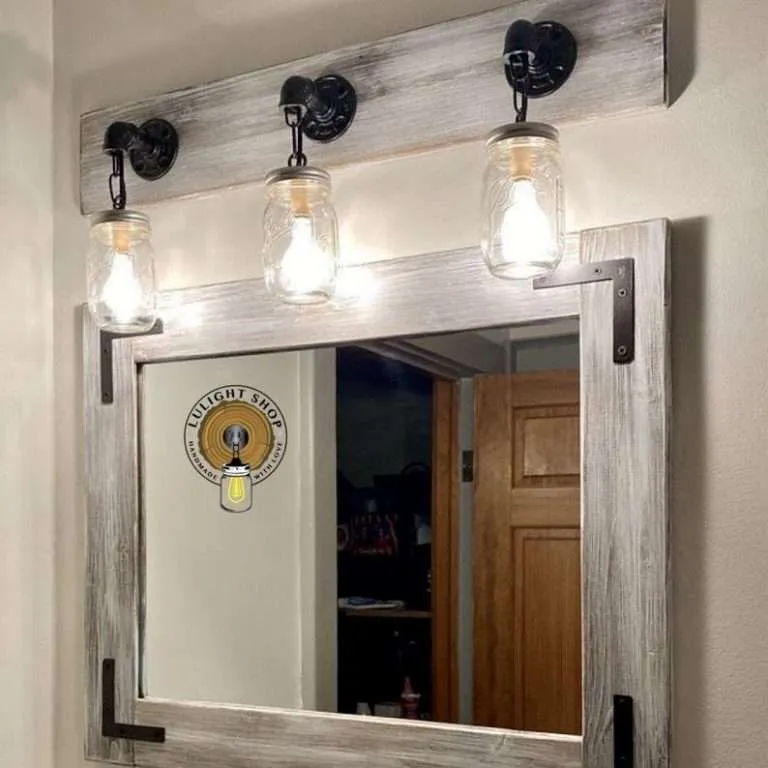 Alternative view of Bathroom Set - LIGHT WHITEWASH Mirror and Mason Jar Light, FarmhouseVanity Mirror with Lights Set