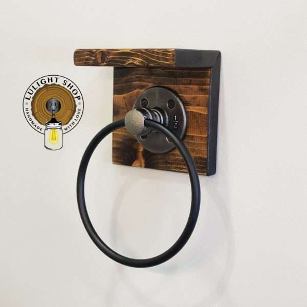 Alternative view of RUSTIC DISTRESSED Hand Towel Ring with Shelf, Towel Holder, Towel Ring on Wood, Bathroom Decor, Kitchen Towel Ring, Pipe Towel Ring, Gifts