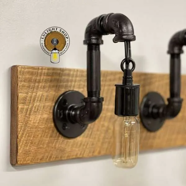 Alternative view of Edison Bulb Vanity Light, Industrial Farmhouse Bathroom Light Fixture, Rustic Wood Wall Lighting, Handmade Pipe Light USA