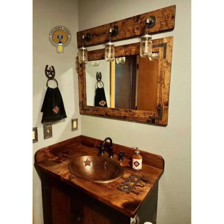 rustic distressed wood mirror with mason jar vanity light