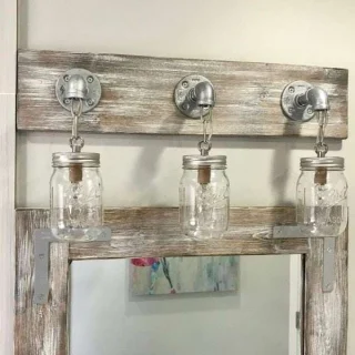 Alternative view of Handmade Light Whitewash Mirror with Mason Jar Lights – Farmhouse Vanity Set