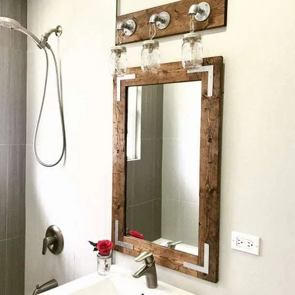 Alternative view of Rustic Distressed Bathroom Mirror with Lights – Farmhouse Industrial Vanity Mirror with Silver Pipe Lighting