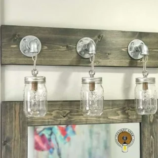 Alternative view of Handmade Gray Bathroom Mirror with Mason Jar Lights – Farmhouse Vanity Set
