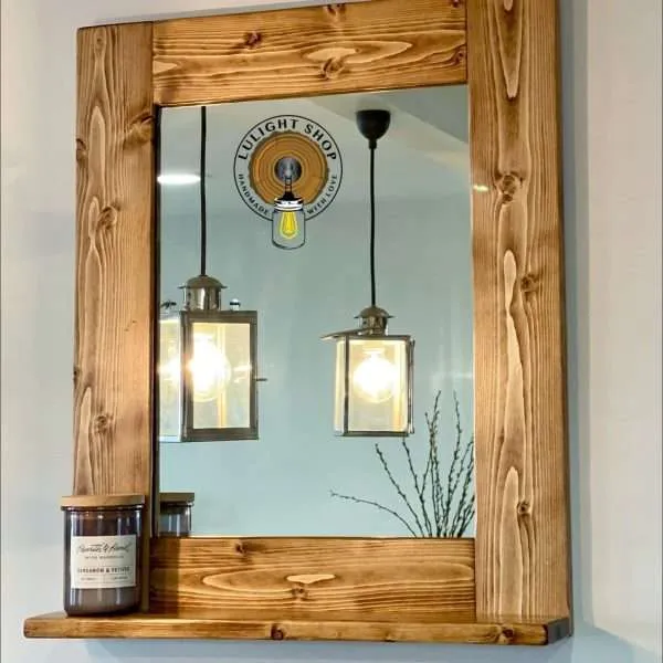 Rustic wood wall mirror with shelf handcrafted in Illinois USA