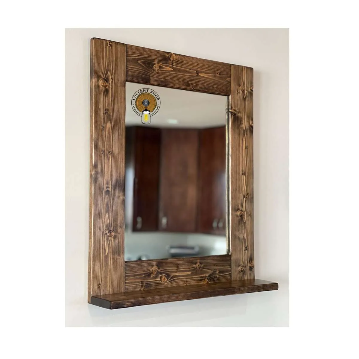Rustic wood wall mirror with storage shelf in espresso finish handcrafted USA