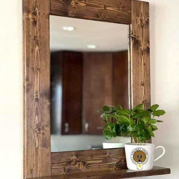Solid pine wood mirror with espresso stain and integrated 3.5 inch deep shelf