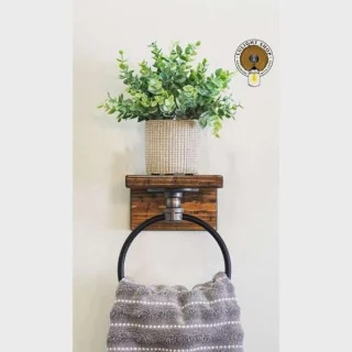 Rustic Hand Towel Ring with Shelf – Small Bathroom Wall Storage