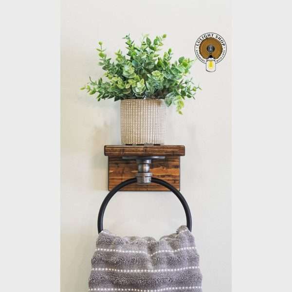 Rustic Hand Towel Ring with Shelf – Small Bathroom Decor