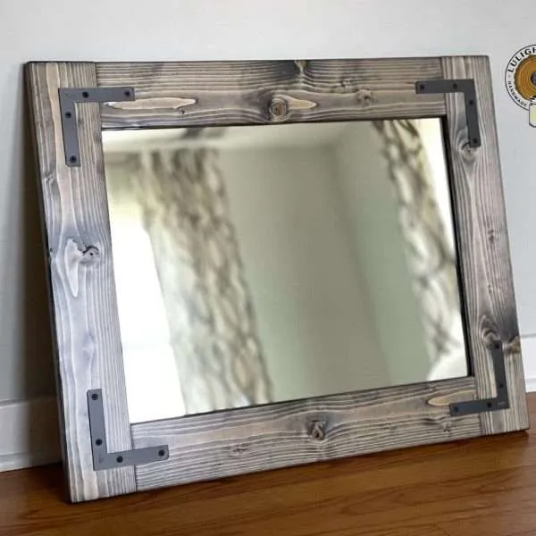 Rustic ebony wood framed bathroom mirrors set, farmhouse vanity mirrors with black metal brackets, double sink bathroom decor, handmade wood mirror USA