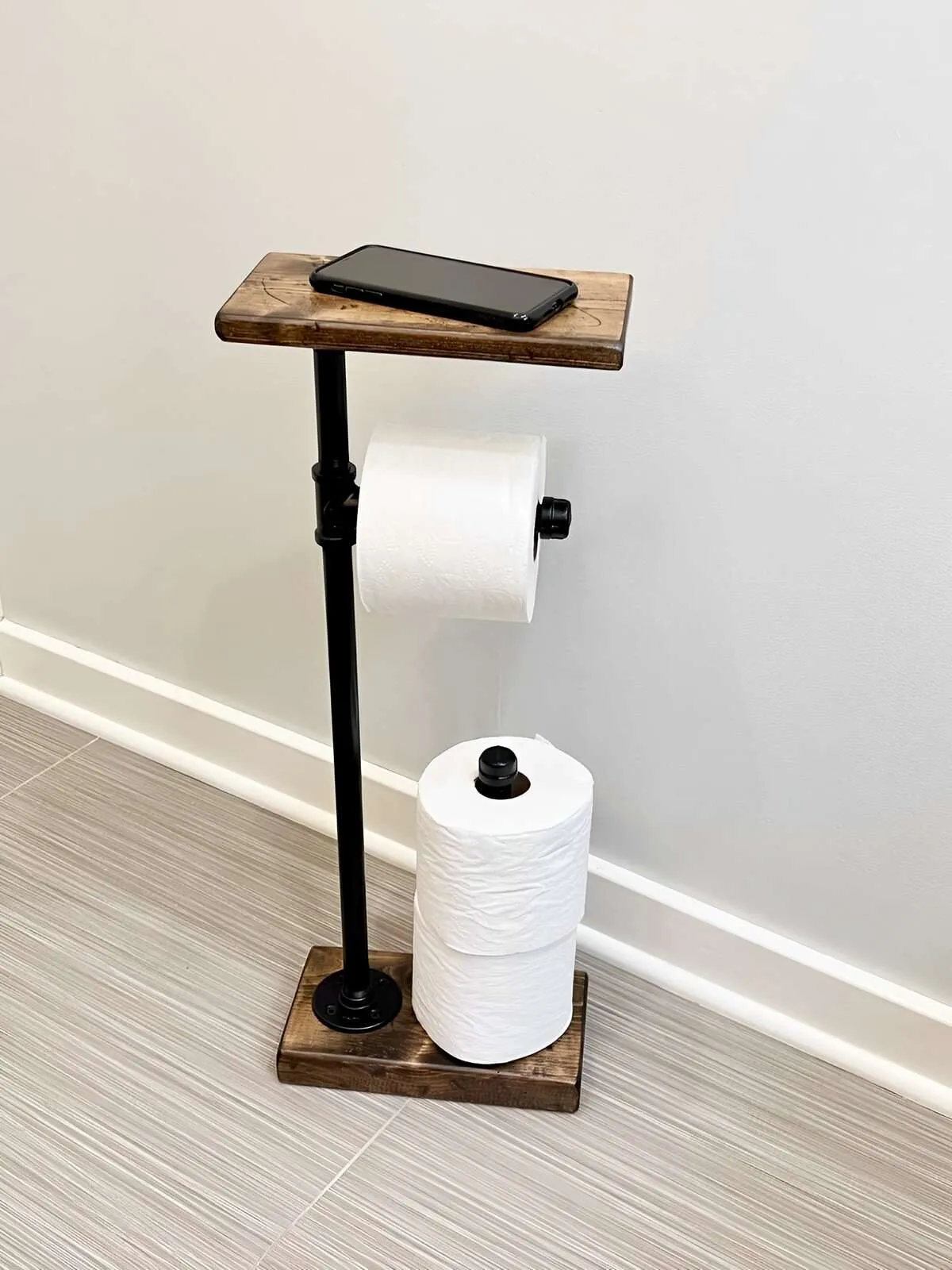 toilet paper storage stand with wood shelf