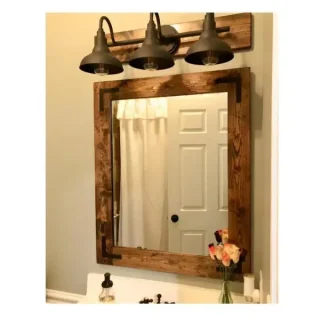 rustic mirror with industrial shade light set