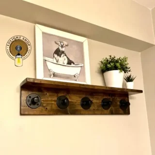 Alternative view of Rustic Wood Coat Rack with Shelf and Pipe Hooks