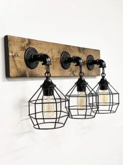 Rustic Industrial Vanity Light – Handmade Wood & Metal Bathroom Wall Light (3-Cage or Custom Size)
