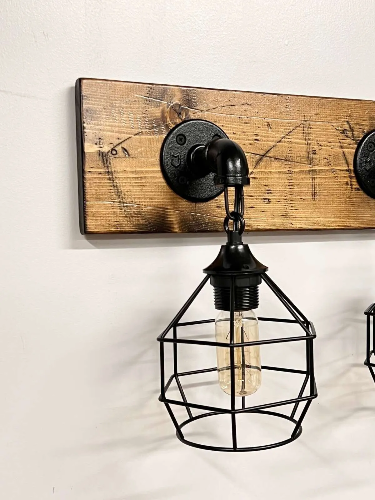 Rustic Industrial Vanity Light – Handmade Wood & Metal Bathroom Wall Light (3-Cage or Custom Size) - Image 6