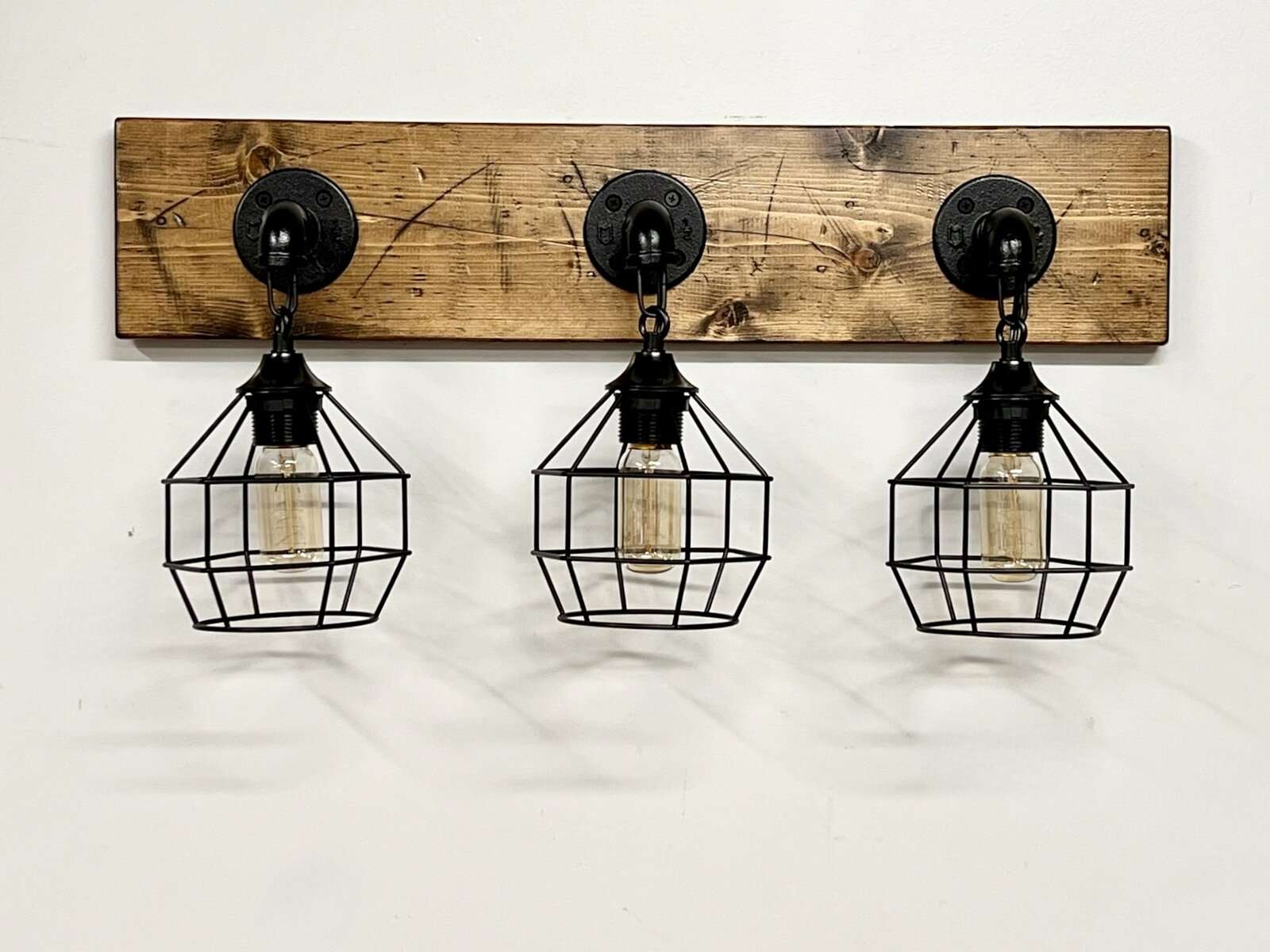 Rustic Industrial Vanity Light – Handmade Wood & Metal Bathroom Wall Light (3-Cage or Custom Size) - Image 4