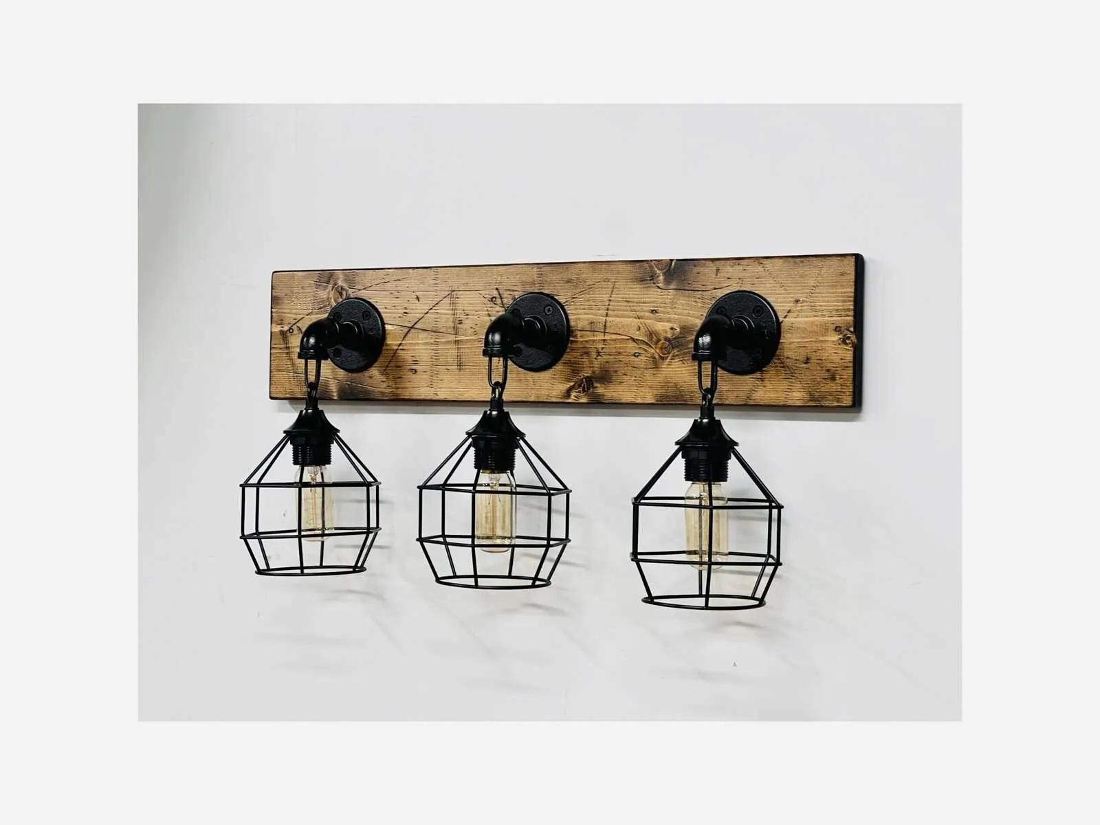 Rustic Industrial Vanity Light – Handmade Wood & Metal Bathroom Wall Light (3-Cage or Custom Size) - Image 5