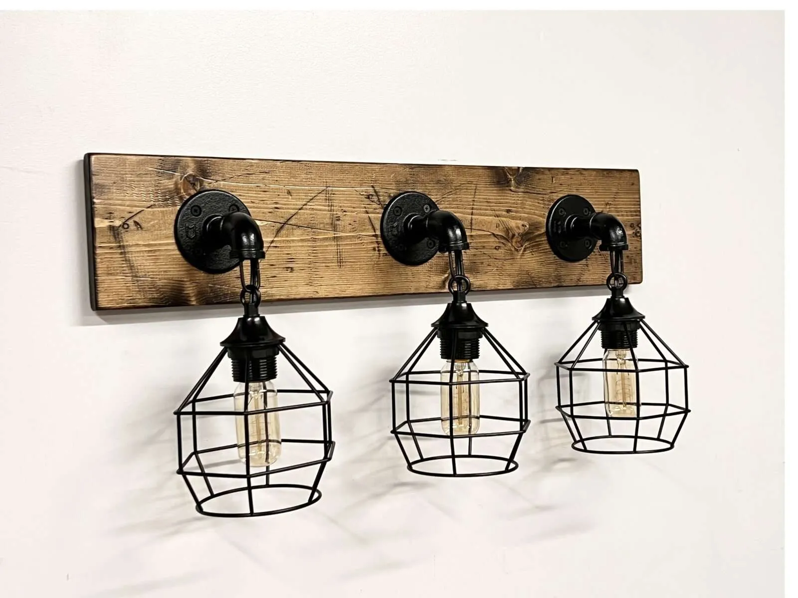 Rustic Industrial Vanity Light – Handmade Wood & Metal Bathroom Wall Light (3-Cage or Custom Size) - Image 2