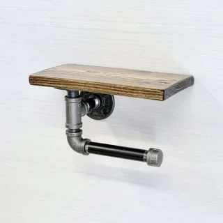 Alternative view of Farmhouse Toilet Paper Holder with Shelf – Wood & Pipe
