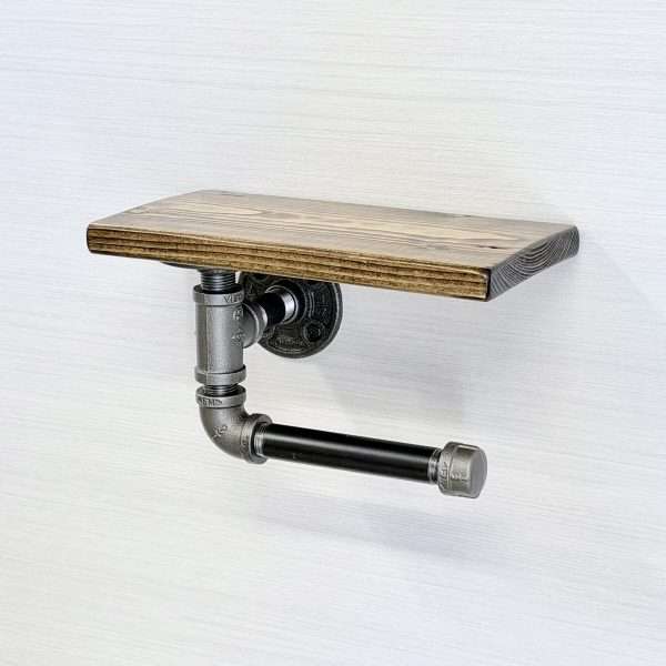 Alternative view of Toilet Paper Holder With Wood Shelf, Rustic Farmhouse Bathroom Organizer, Wall Mounted Tissue Holder