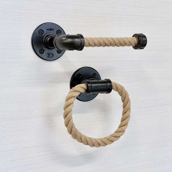 rope bathroom set toilet paper holder with towel ring made in USA out of metal and rustic rope