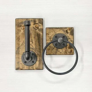 Rustic Bathroom Set of 2 – Wood Towel Ring & Toilet Paper Holder