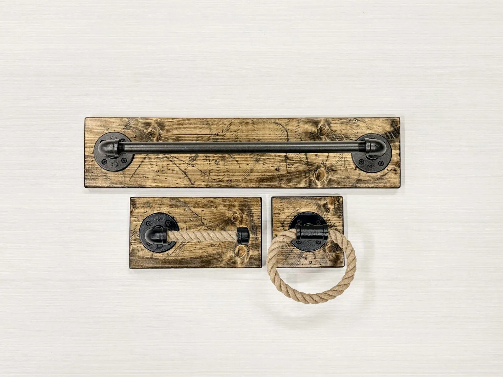 Rustic Wood Rope Bathroom Set of 3 Must Have Accessories - Toilet Paper Holder, Rope Towel Bar and Rope Hand Towel Holder