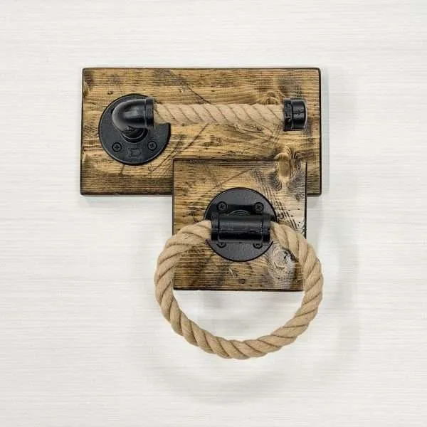 Rustic wooden door handle with rope