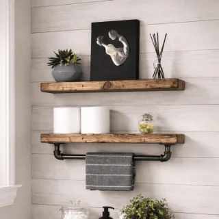Rustic Floating Shelf Set with Towel Bar