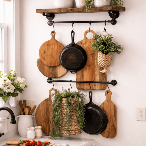 Solid wood farmhouse kitchen shelf with metal towel bars