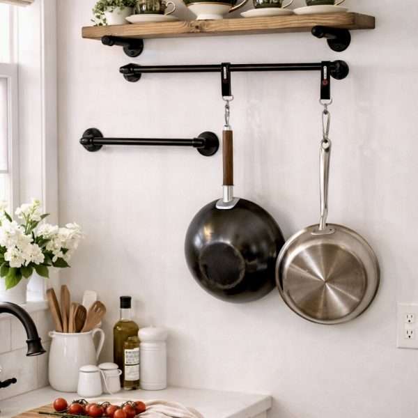 Rustic wood kitchen wall shelf mounted above counter with hanging towels