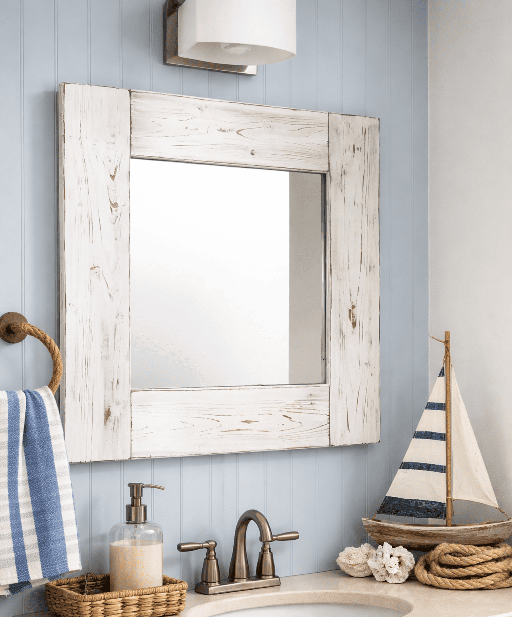 whitewash wood framed mirror rustic farmhouse bathroom vanity wall mirror handmade USA