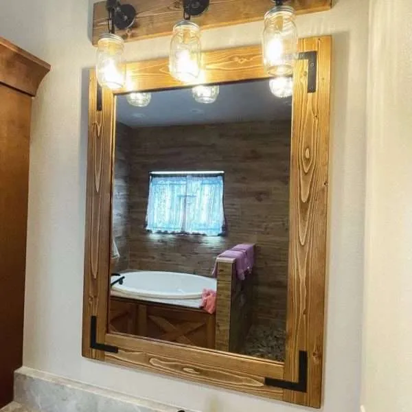 Rustic bathroom decor mirror and light fixture handmade in Illinois