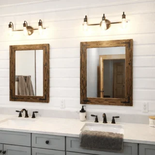 Rustic wood framed mirrors dark espresso finish, double sink bathroom with black faucet and industrial lighting